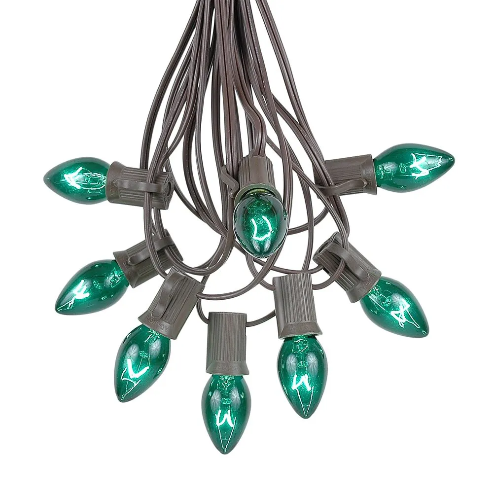 100 C7 String Light Set With Green Bulbs On Brown Wire 2 100 C7 String Light Set With Green Bulbs On Brown Wire - Image 2