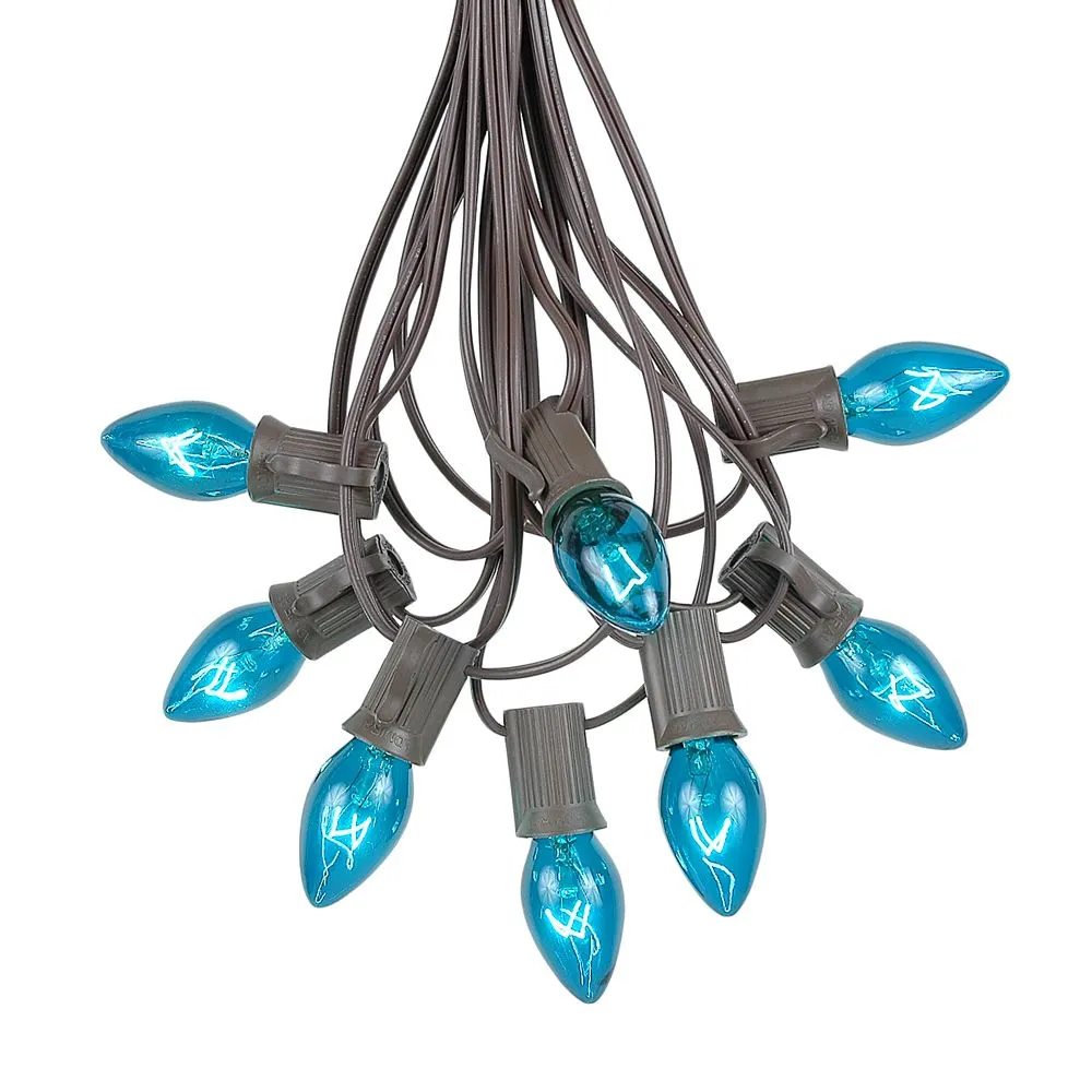 100 C7 String Light Set With Teal Bulbs On Brown Wire 2 100 C7 String Light Set With Teal Bulbs On Brown Wire - Image 2