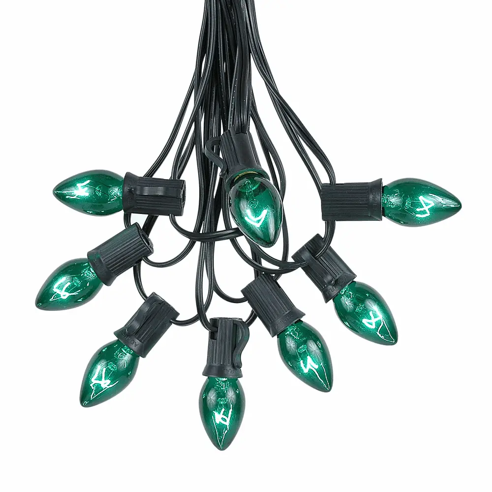 100 C7 String Light Set With Green Bulbs On Black Wire 2 100 C7 String Light Set With Green Bulbs On Black Wire - Image 2