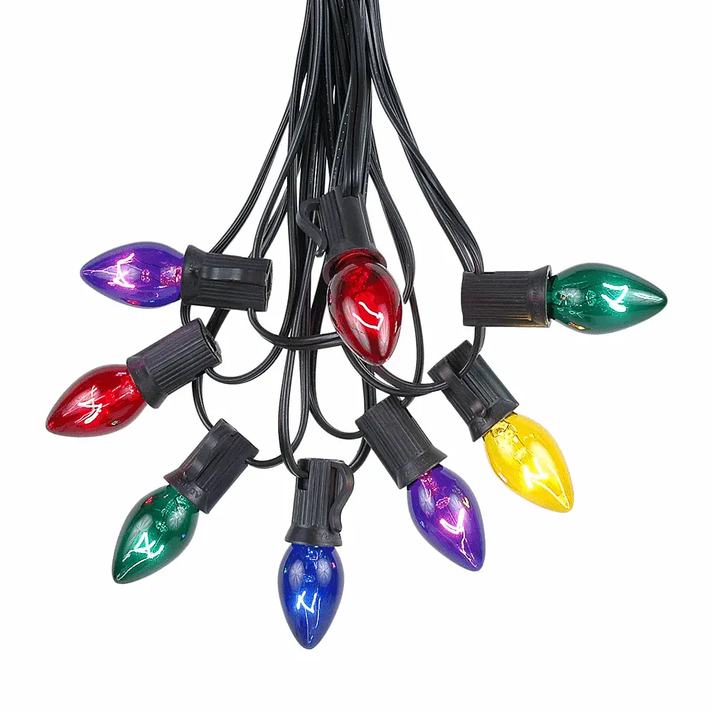 100 C7 String Light Set With Assorted Bulbs On Black Wire 2 100 C7 String Light Set With Assorted Bulbs On Black Wire - Image 2