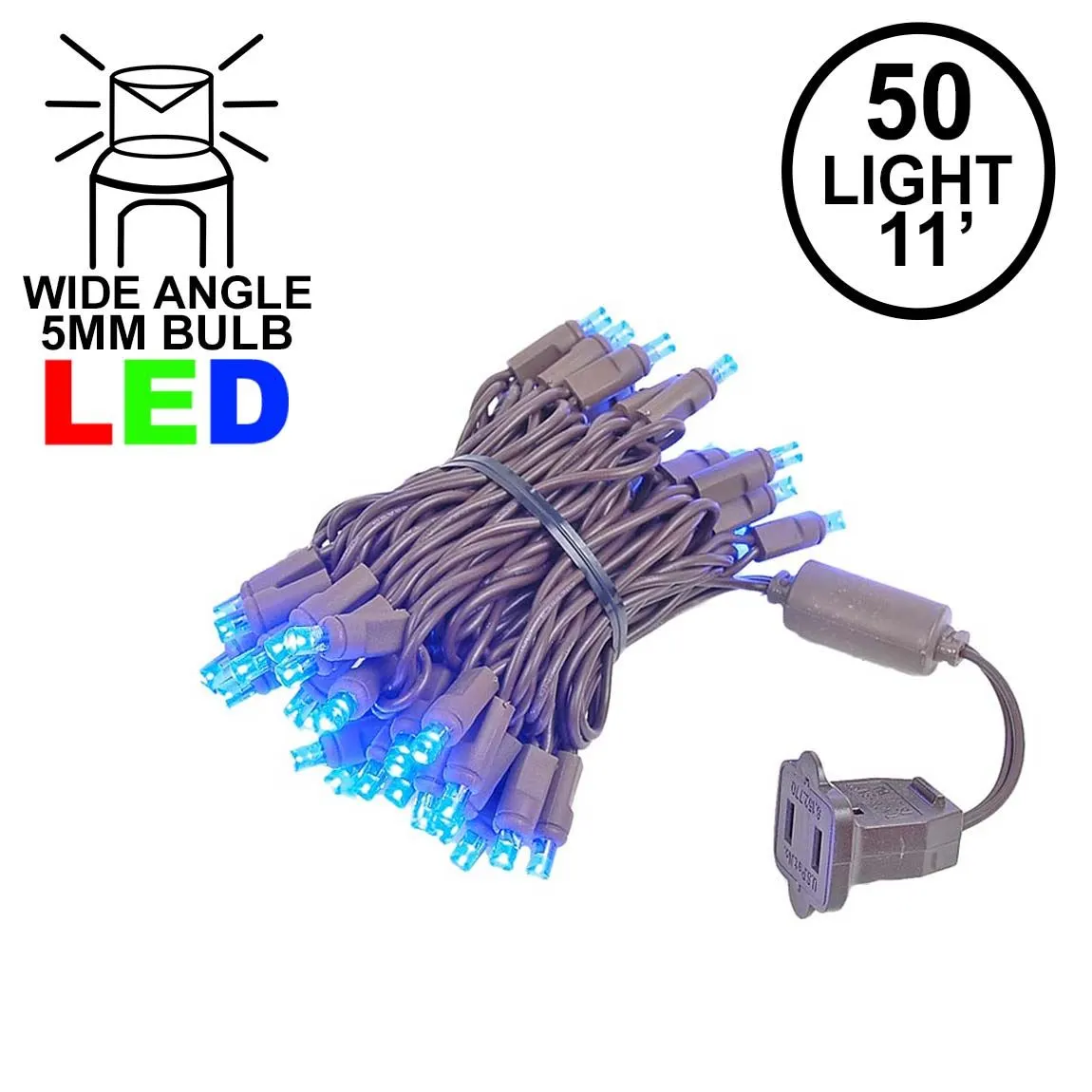 50 LED Blue LED Christmas Lights 11' Long On Brown Wire 1 50 LED Blue LED Christmas Lights 11' Long On Brown Wire