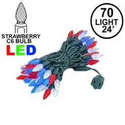 Red White & Blue 70 LED C6 Strawberry Mini Lights Commercial Grade On Green Wire