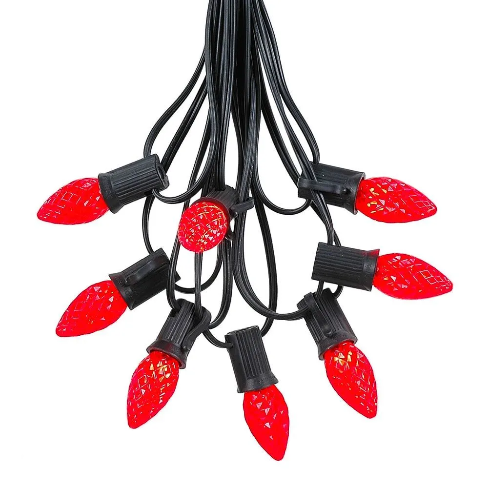 25 Light String Set With Red LED C7 Bulbs On Black Wire 2 25 Light String Set With Red LED C7 Bulbs On Black Wire - Image 2