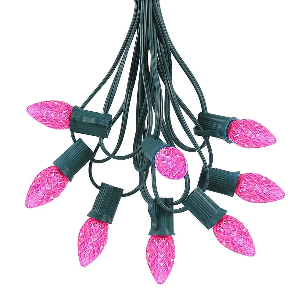 25 Light String Set With Pink LED C7 Bulbs On Green Wire 2 25 Light String Set With Pink LED C7 Bulbs On Green Wire - Image 2