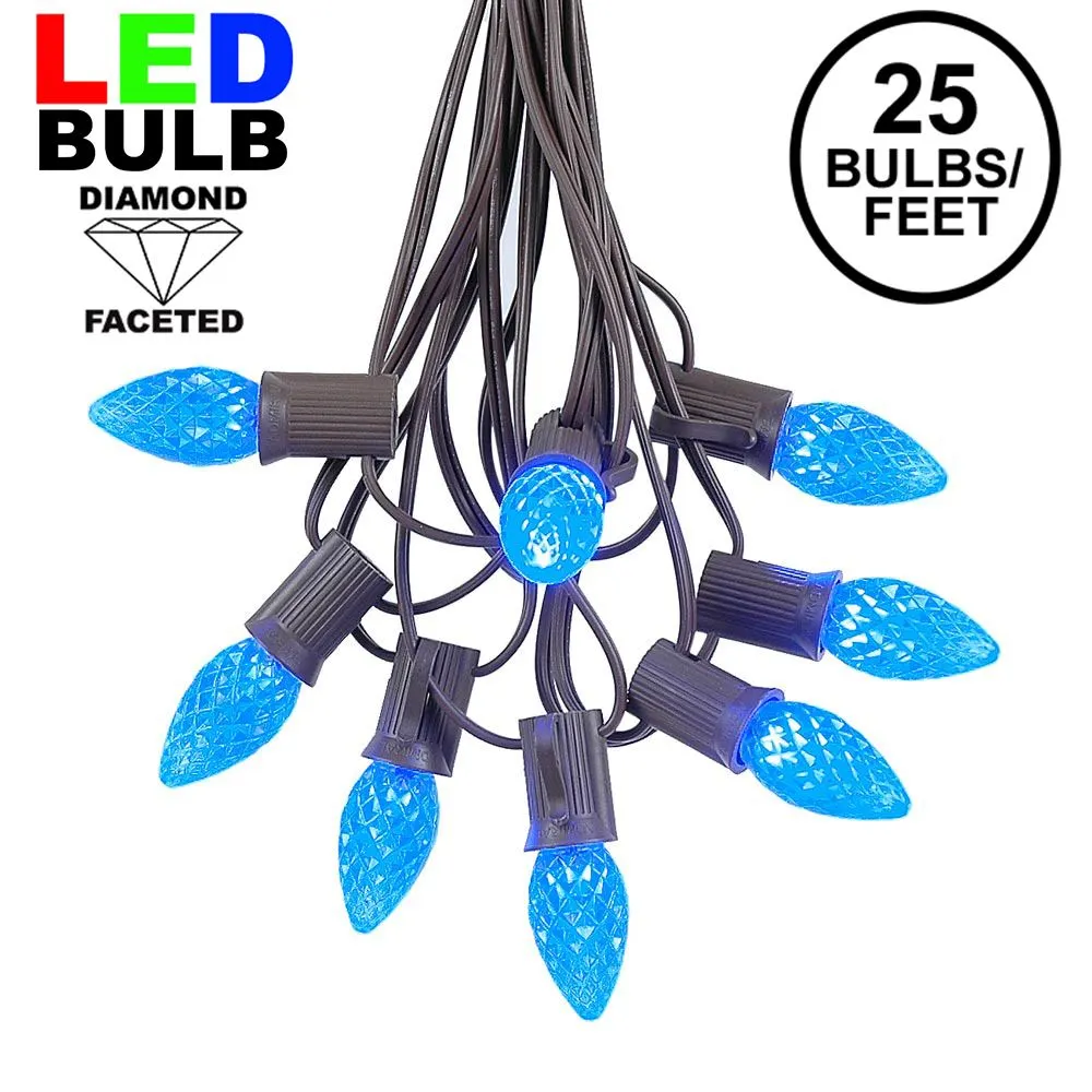 25 Light String Set With Blue LED C7 Bulbs On Brown Wire 1 25 Light String Set With Blue LED C7 Bulbs On Brown Wire