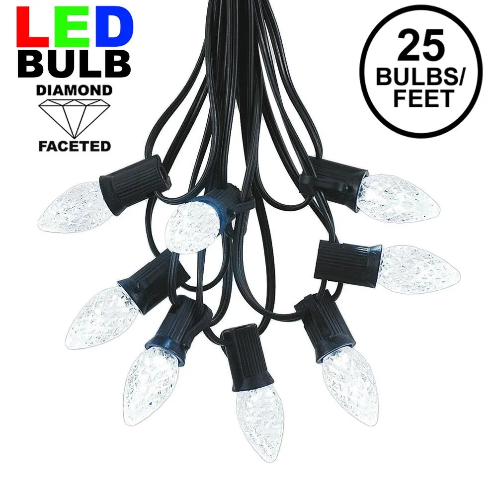 25 Light String Set With Pure White LED C7 Bulbs On Black Wire 1 25 Light String Set With Pure White LED C7 Bulbs On Black Wire
