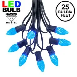 25 Light String Set With Blue LED C7 Bulbs On Black Wire
