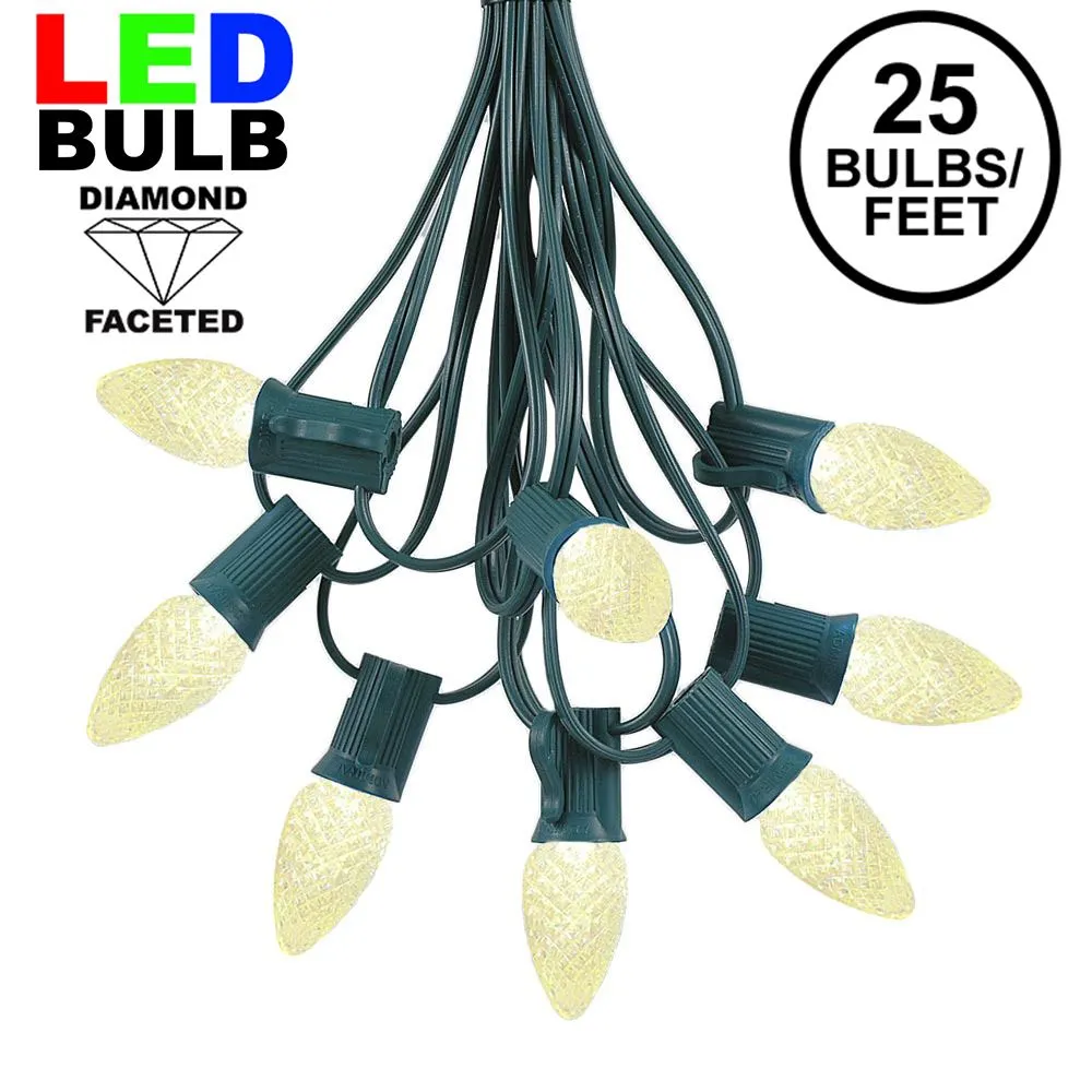 25 Light String Set With Warm White LED C7 Bulbs On Green Wire 1 25 Light String Set With Warm White LED C7 Bulbs On Green Wire