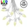 25 Light String Set With Warm White LED C7 Bulbs On White Wire