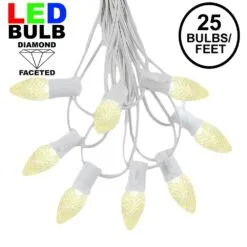 25 Light String Set With Warm White LED C7 Bulbs On White Wire