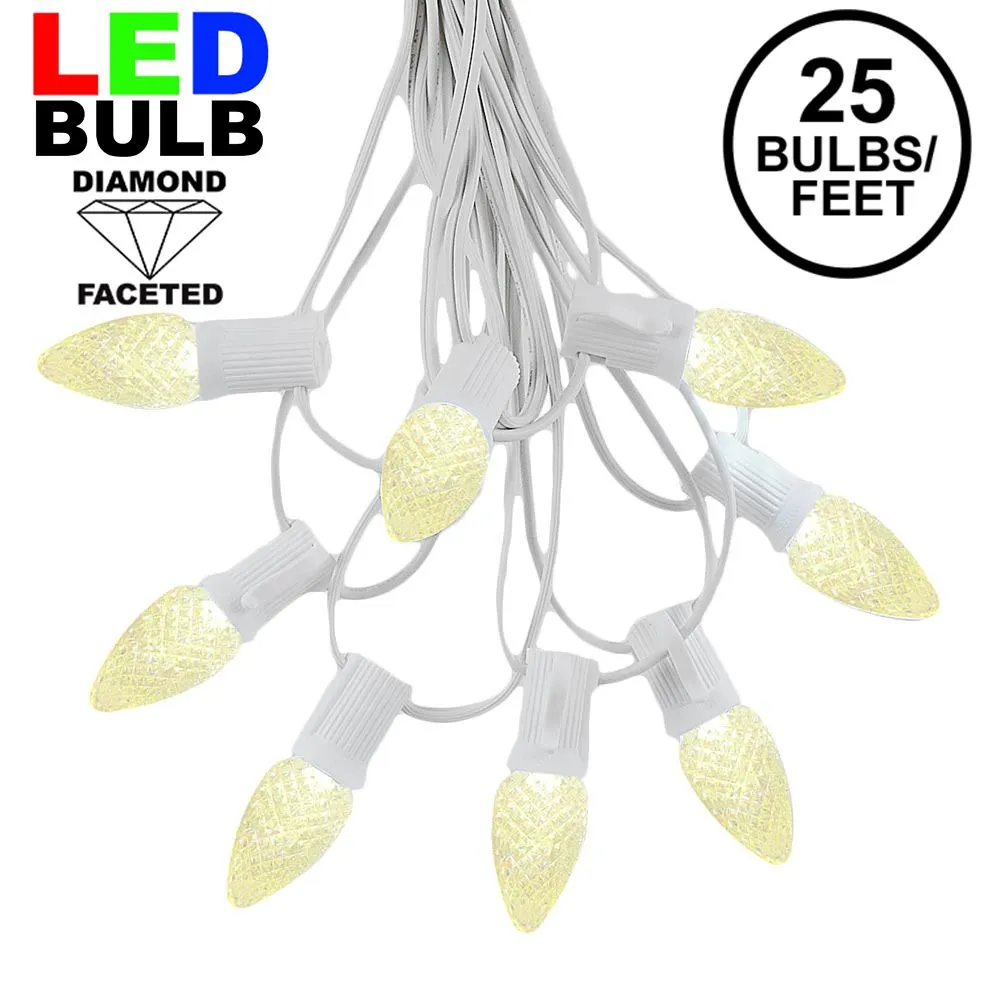 25 Light String Set With Warm White LED C7 Bulbs On White Wire 1 25 Light String Set With Warm White LED C7 Bulbs On White Wire