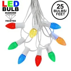 25 Light String Set With Multi LED C7 Bulbs On White Wire