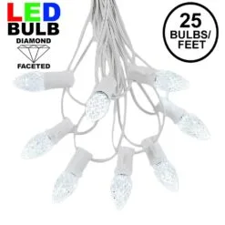 25 Light String Set With Pure White LED C7 Bulbs On White Wire