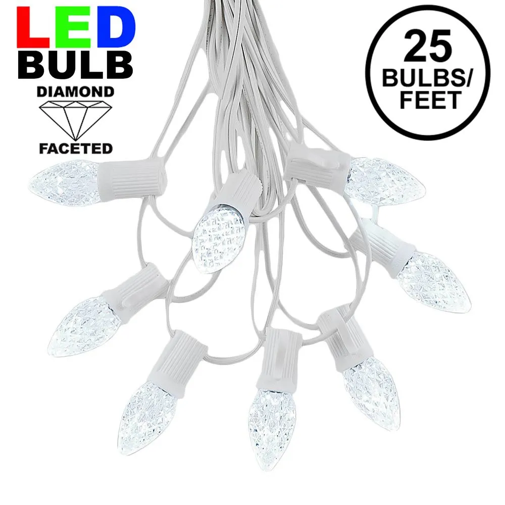 25 Light String Set With Pure White LED C7 Bulbs On White Wire 1 25 Light String Set With Pure White LED C7 Bulbs On White Wire