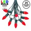 25 Light String Set With Red LED C7 Bulbs On Green Wire