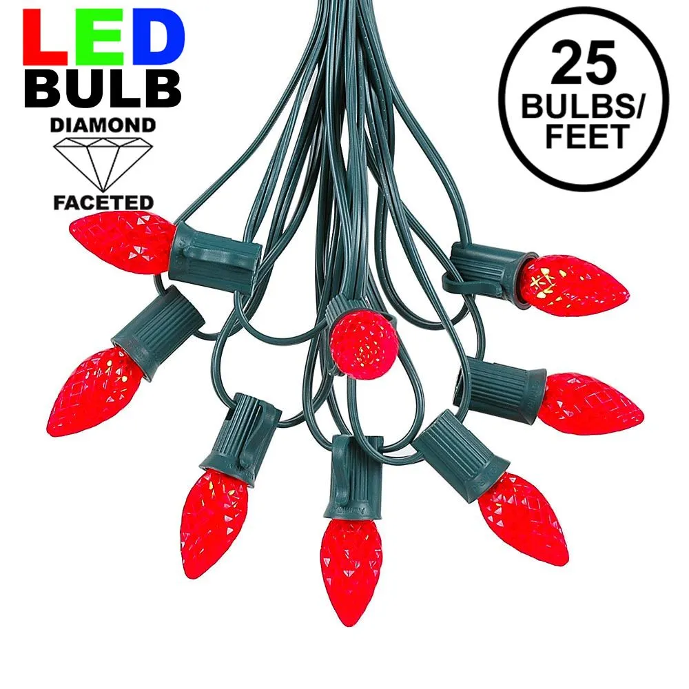 25 Light String Set With Red LED C7 Bulbs On Green Wire 1 25 Light String Set With Red LED C7 Bulbs On Green Wire