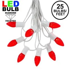 25 Light String Set With Red LED C7 Bulbs On White Wire