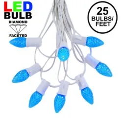 25 Light String Set With Blue LED C7 Bulbs On White Wire
