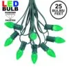 25 Light String Set With Green LED C7 Bulbs On Green Wire
