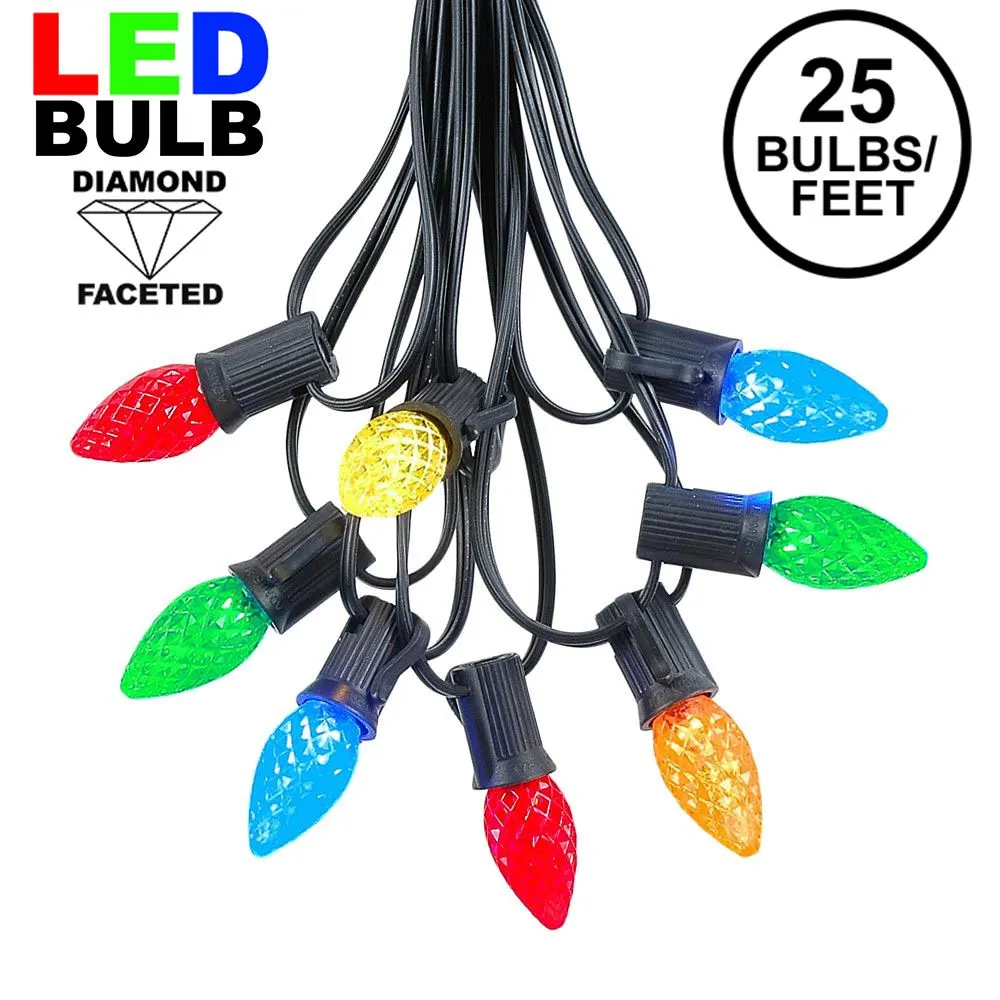 25 Light String Set With Multi Colored LED C7 Bulbs On Black Wire 1 25 Light String Set With Multi Colored LED C7 Bulbs On Black Wire