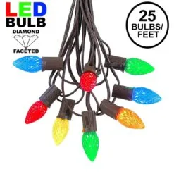 25 Light String Set With Multi Colored LED C7 Bulbs On Brown Wire