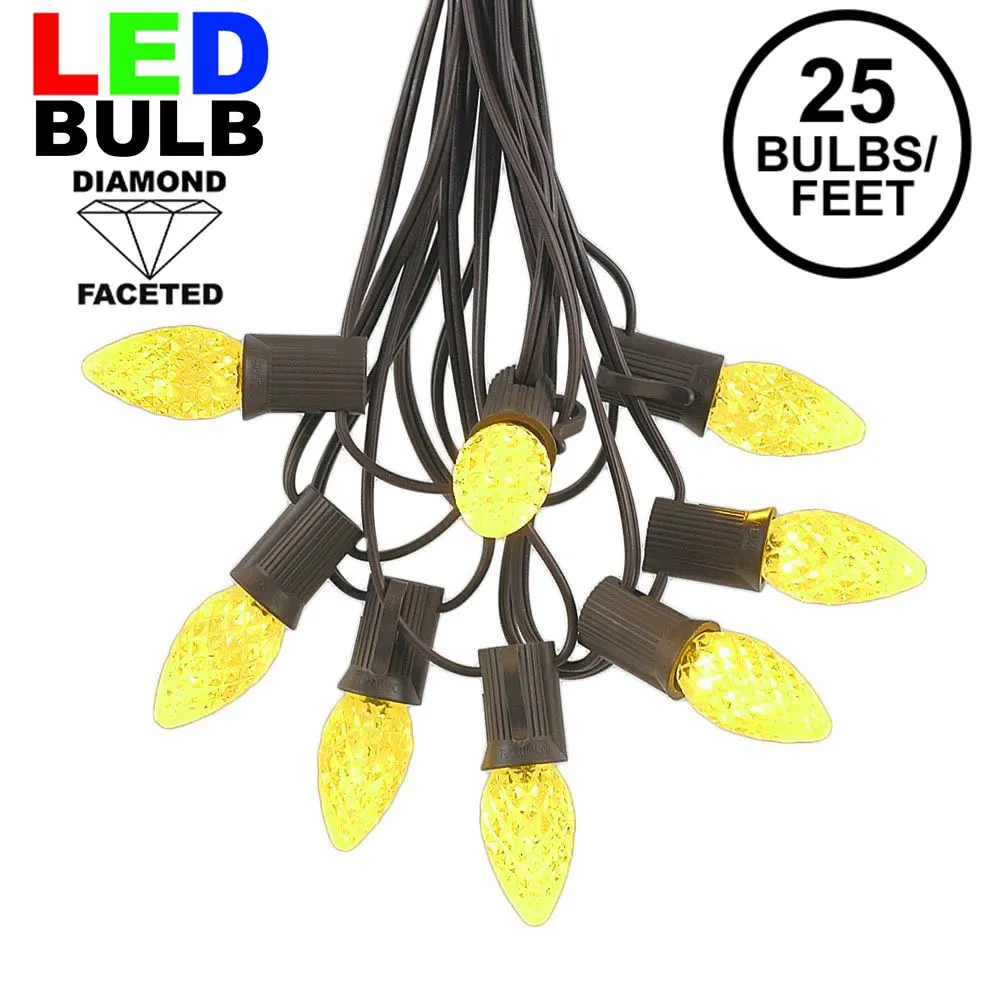 25 Light String Set With Yellow LED C7 Bulbs On Brown Wire 1 25 Light String Set With Yellow LED C7 Bulbs On Brown Wire