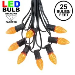 25 Light String Set With Amber/Orange LED C7 Bulbs On Black Wire