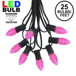 25 Light String Set With Pink LED C7 Bulbs On Black Wire