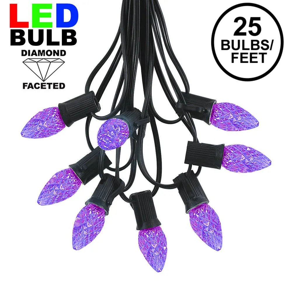 25 Light String Set With Purple LED C7 Bulbs On Black Wire 1 25 Light String Set With Purple LED C7 Bulbs On Black Wire