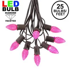 25 Light String Set With Pink LED C7 Bulbs On Brown Wire