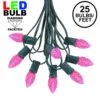25 Light String Set With Pink LED C7 Bulbs On Green Wire