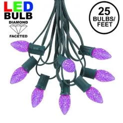 25 Light String Set With Purple LED C7 Bulbs On Green Wire