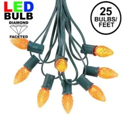 25 Light String Set With Amber/Orange LED C7 Bulbs On Green Wire