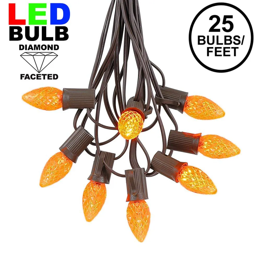 25 Light String Set With Amber/Orange LED C7 Bulbs On Brown Wire 1 25 Light String Set With Amber/Orange LED C7 Bulbs On Brown Wire