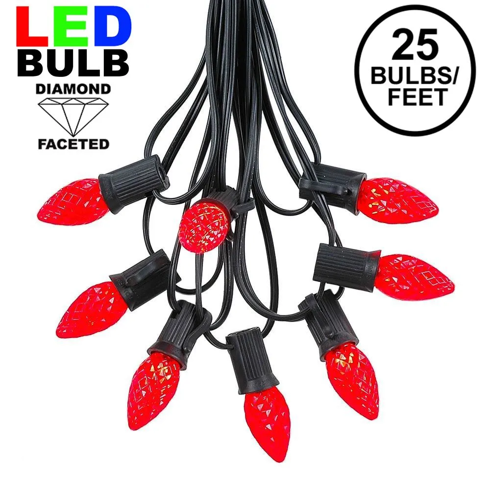 25 Light String Set With Red LED C7 Bulbs On Black Wire 1 25 Light String Set With Red LED C7 Bulbs On Black Wire