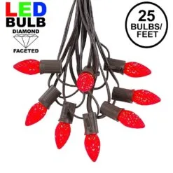 25 Light String Set With Red LED C7 Bulbs On Brown Wire