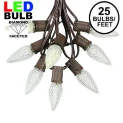 25 Light String Set With Warm White LED C9 Bulbs On Brown Wire