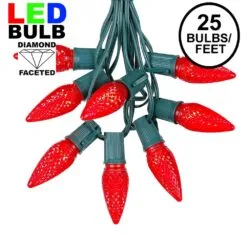 25 Light String Set With Red LED C9 Bulbs On Green Wire