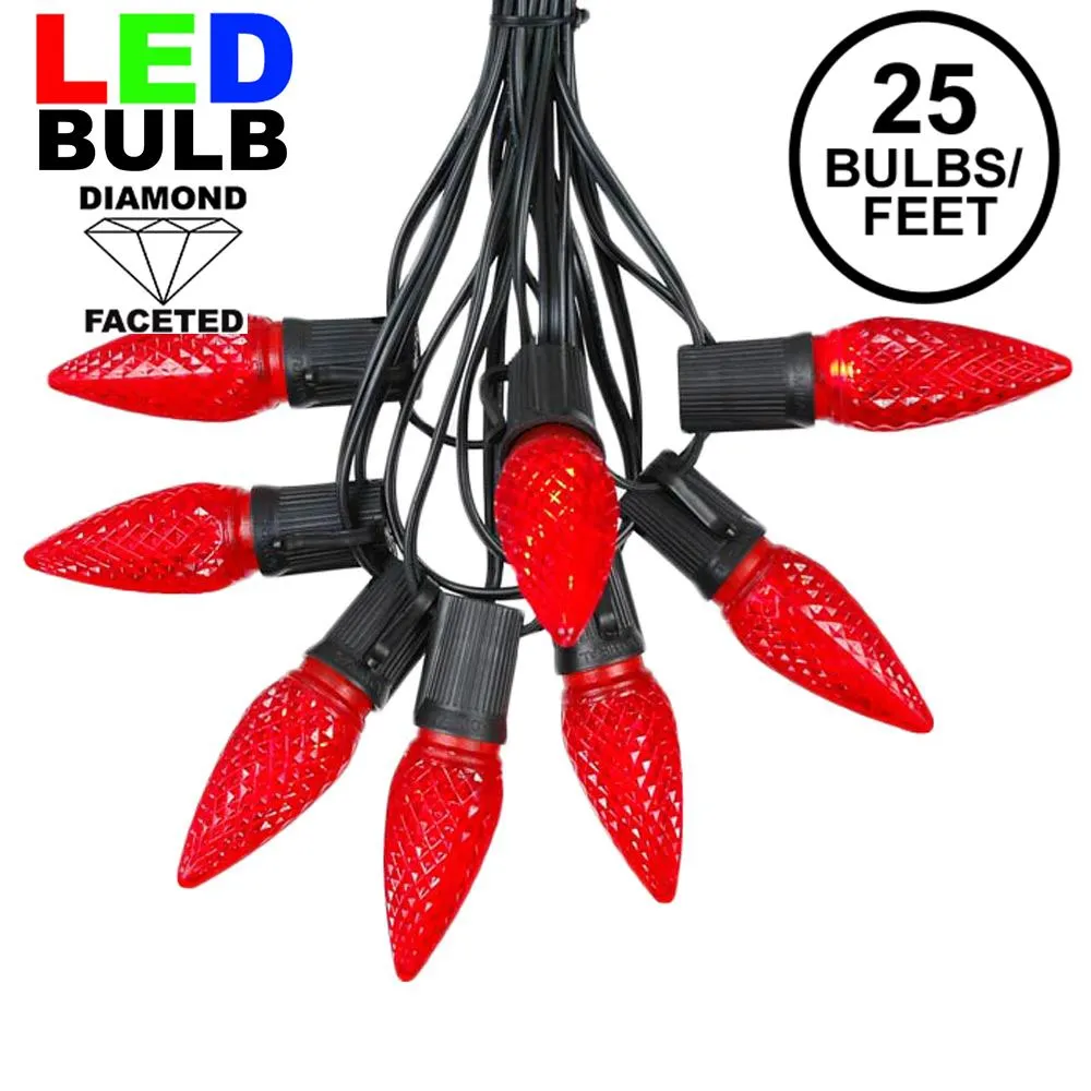 25 Light String Set With Red LED C9 Bulbs On Black Wire 1 25 Light String Set With Red LED C9 Bulbs On Black Wire