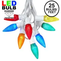 25 Light String Set With Multi Colored LED C9 Bulbs On White Wire