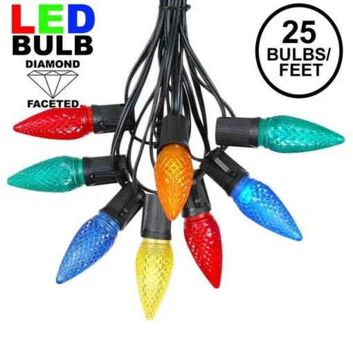 25 Light String Set With Multi Colored LED C9 Bulbs On Black Wire -Holiday Lights Sales 0021006 25 light string set with multi colored led c9 bulbs on black wire
