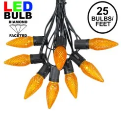 25 Light String Set With Amber (Orange) LED C9 Bulbs On Black Wire