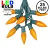 25 Light String Set With Amber (Orange) LED C9 Bulbs On Green Wire