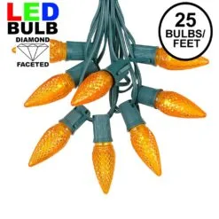25 Light String Set With Amber (Orange) LED C9 Bulbs On Green Wire