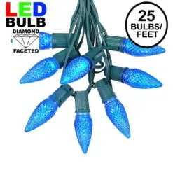 25 Light String Set With Blue LED C9 Bulbs On Green Wire