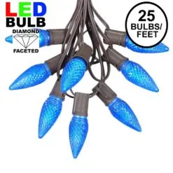25 Light String Set With Blue LED C9 Bulbs On Brown Wire