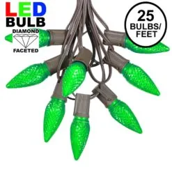 25 Light String Set With Green LED C9 Bulbs On Brown Wire