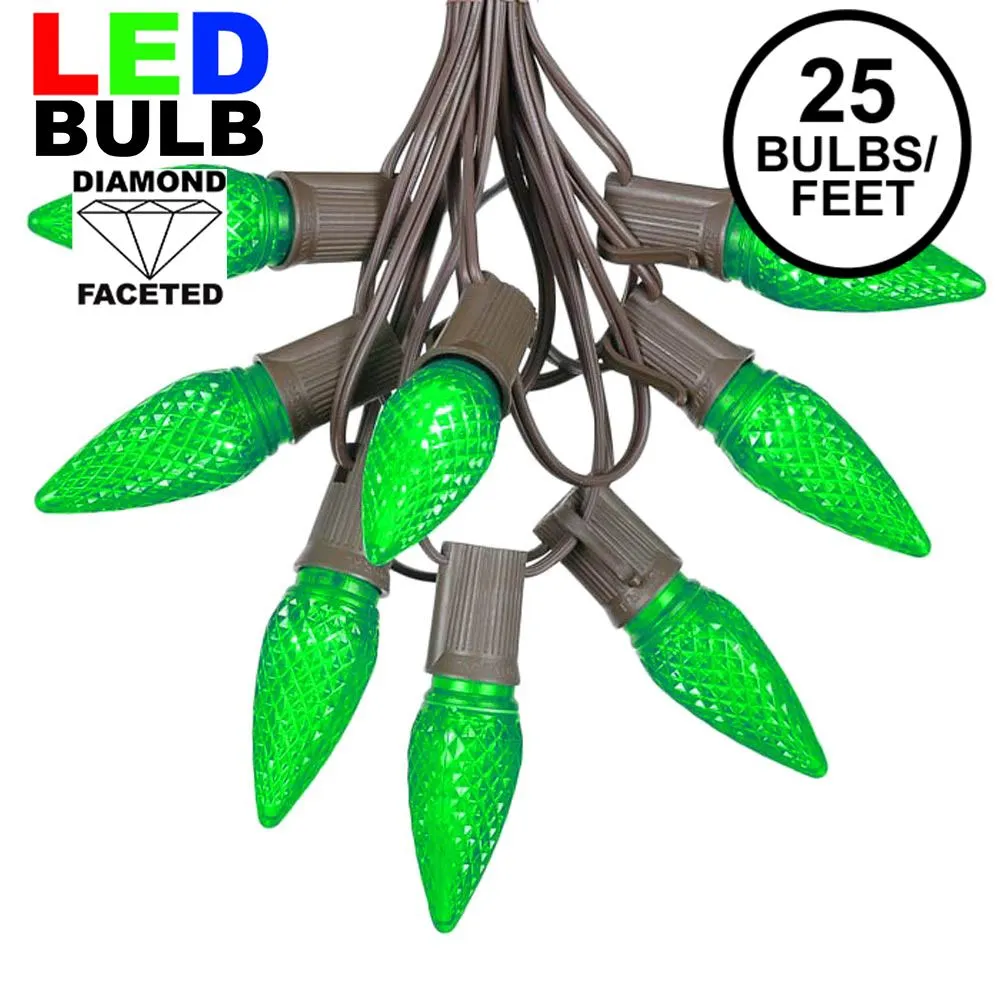 25 Light String Set With Green LED C9 Bulbs On Brown Wire 1 25 Light String Set With Green LED C9 Bulbs On Brown Wire
