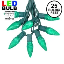 25 Light String Set With Green LED C9 Bulbs On Green Wire
