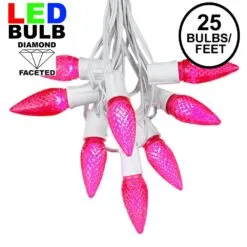 25 Light String Set With Pink LED C9 Bulbs On White Wire